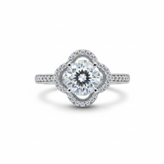 Silver Clover Halo Solitaire Engagement Ring