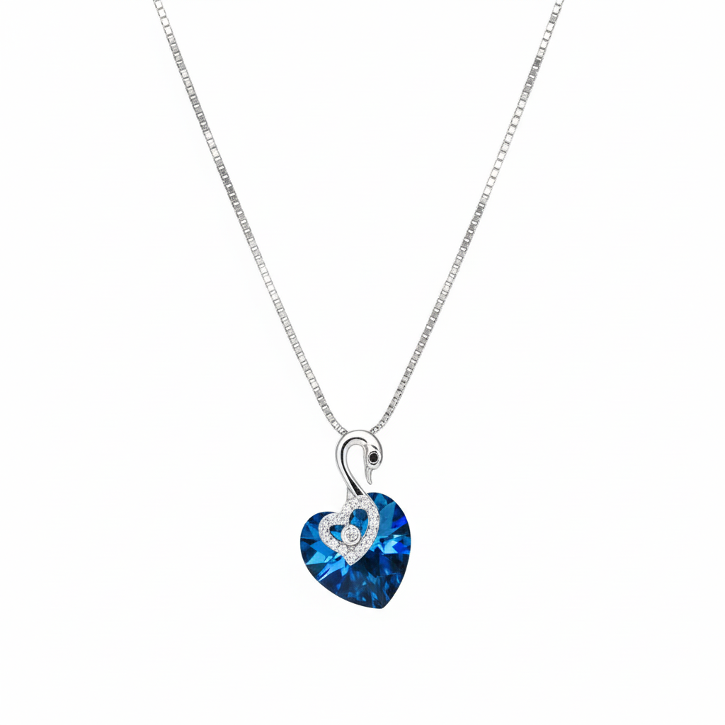 Silver Deep Blue Swan Heart Crystal Pendant