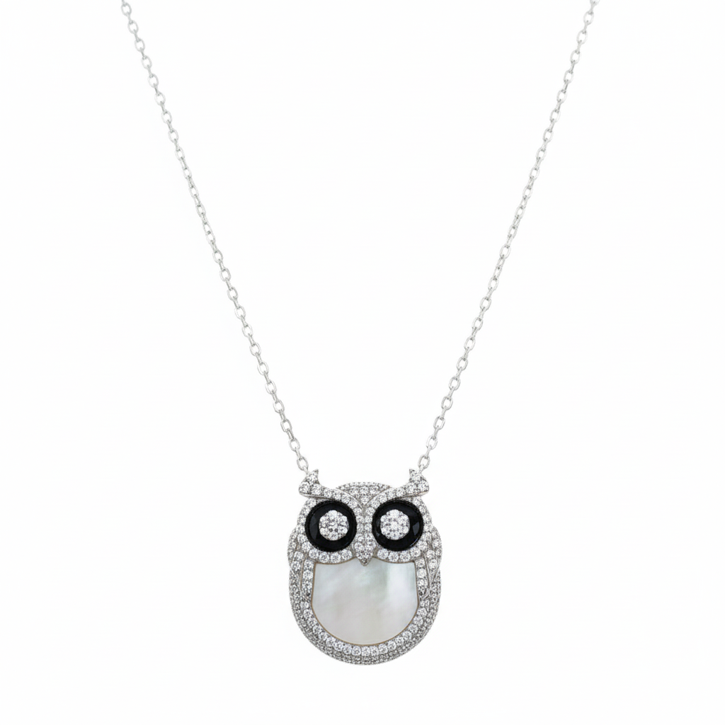 Silver Wise Owl Necklace pendant with Mother of Pearl and CZ