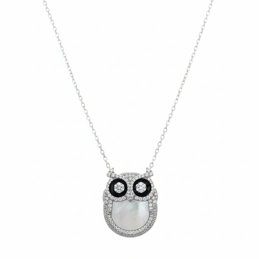 Silver Wise Owl Necklace pendant with Mother of Pearl and CZ