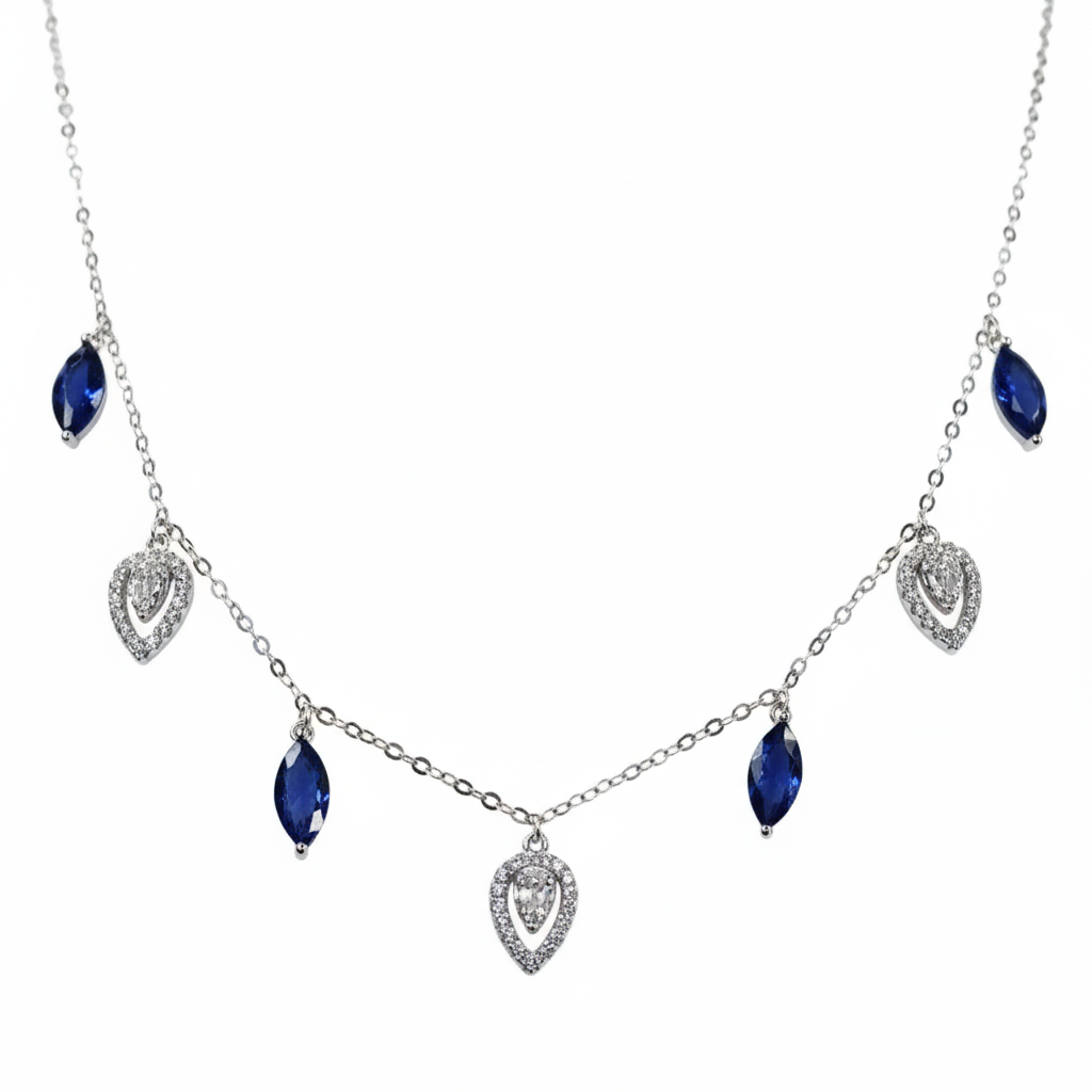 Silver Deep Blue Marquise & Teardrop Dangle Necklace for her