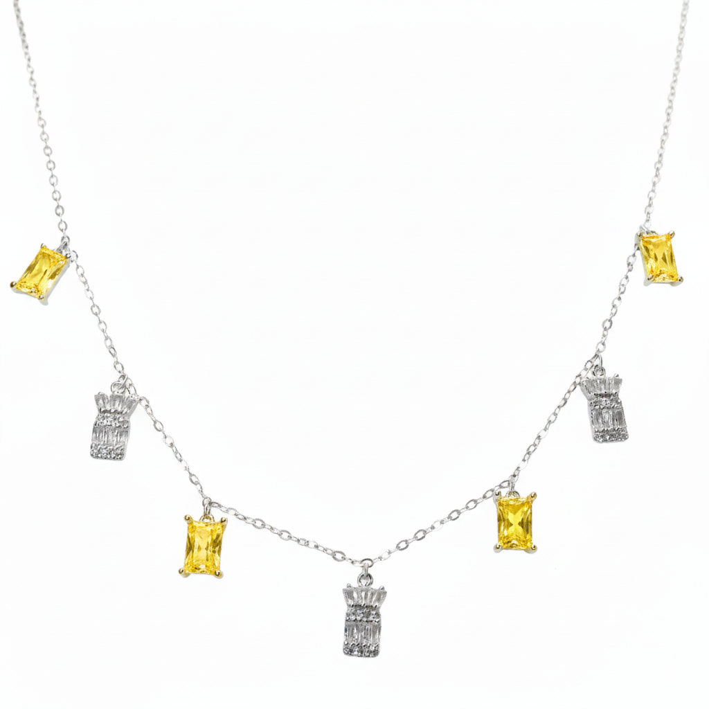 Silver Baguette Crown necklace in yellow stone for her