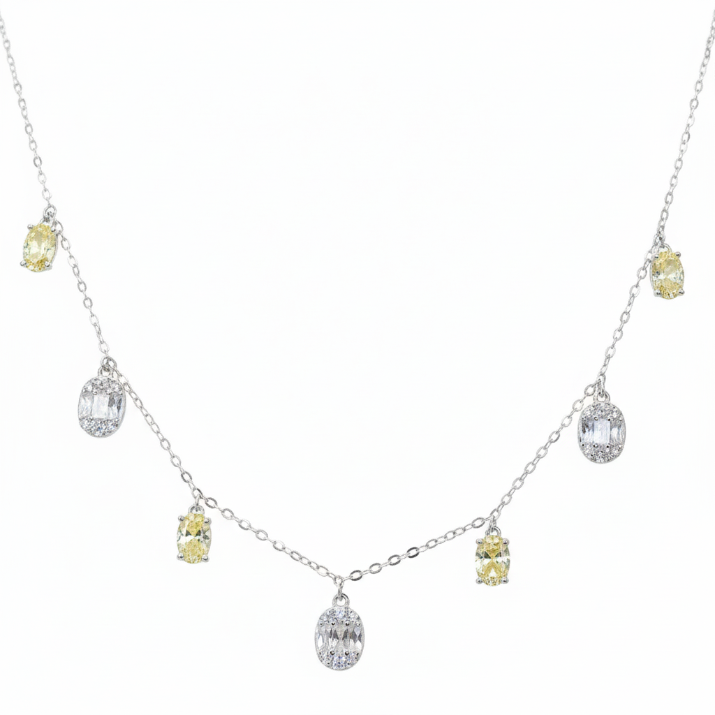 Silver Oval yellow and White stone charms Necklace