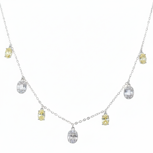 Silver Oval yellow and White stone charms Necklace