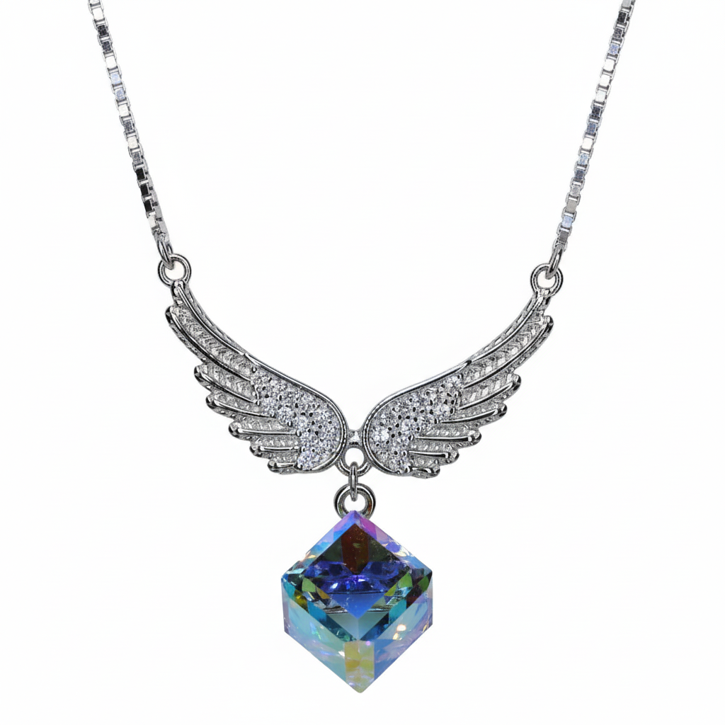 Silver Angel wings Sparkling Rainbow Crystal Pendant Necklace