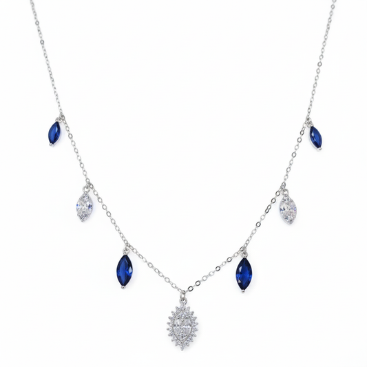 Silver Cascading Blue Marquise Drop Necklace