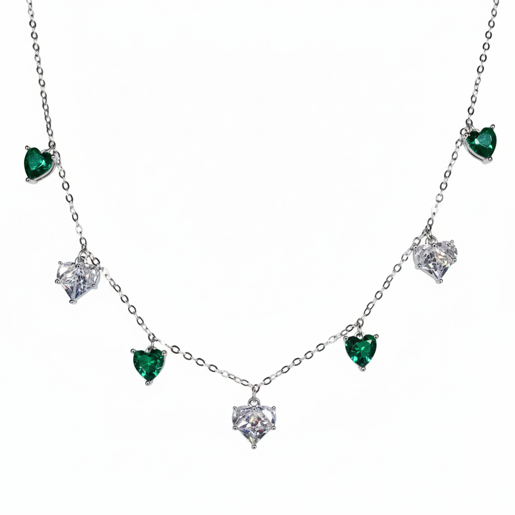 Silver Heart Cosmos Green Necklace