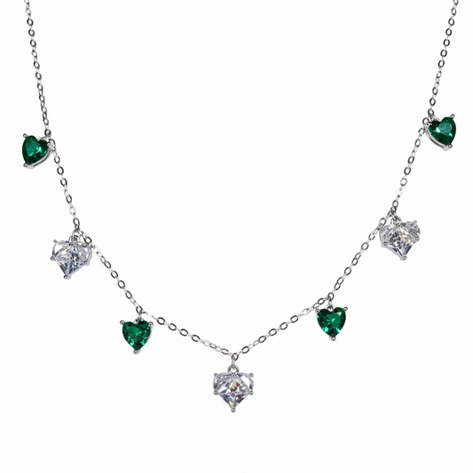 Silver Heart Cosmos Green Necklace