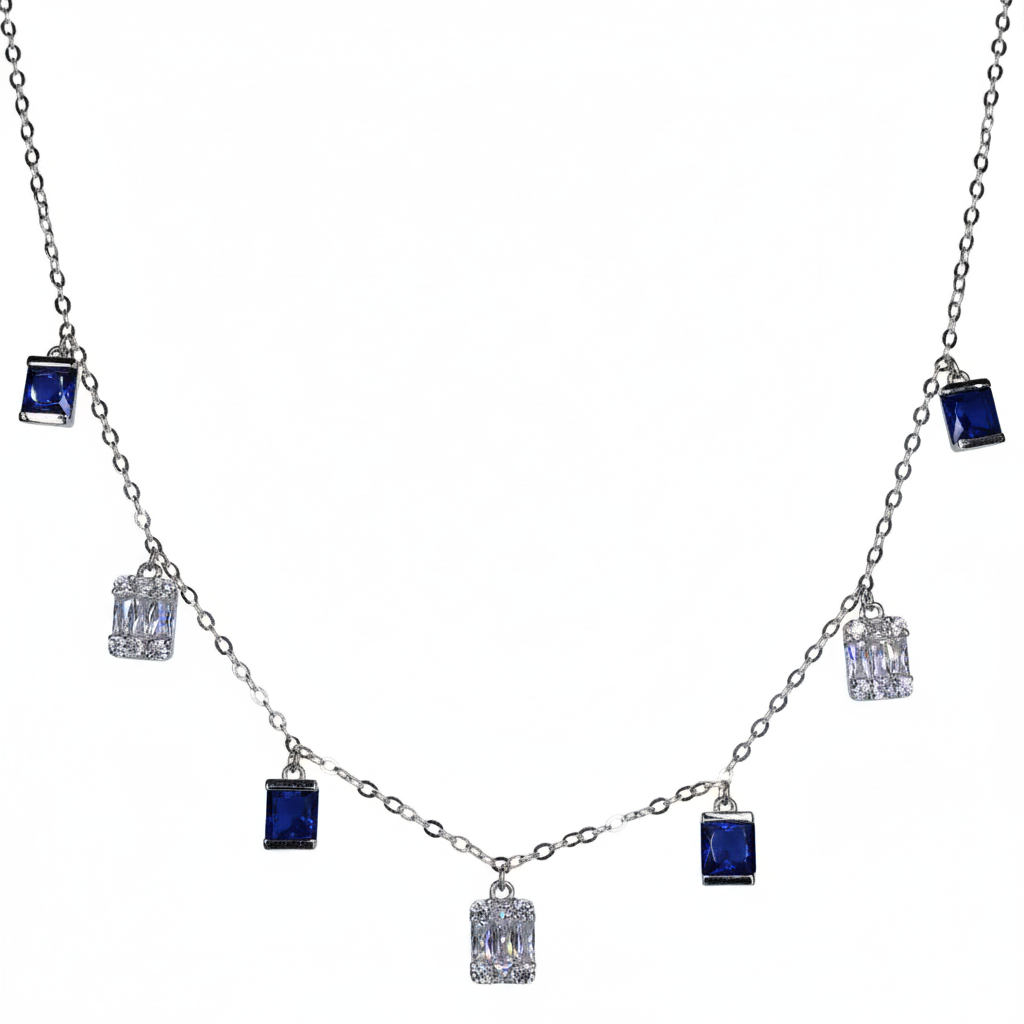 Silver Sapphire Blue Baguette Necklace
