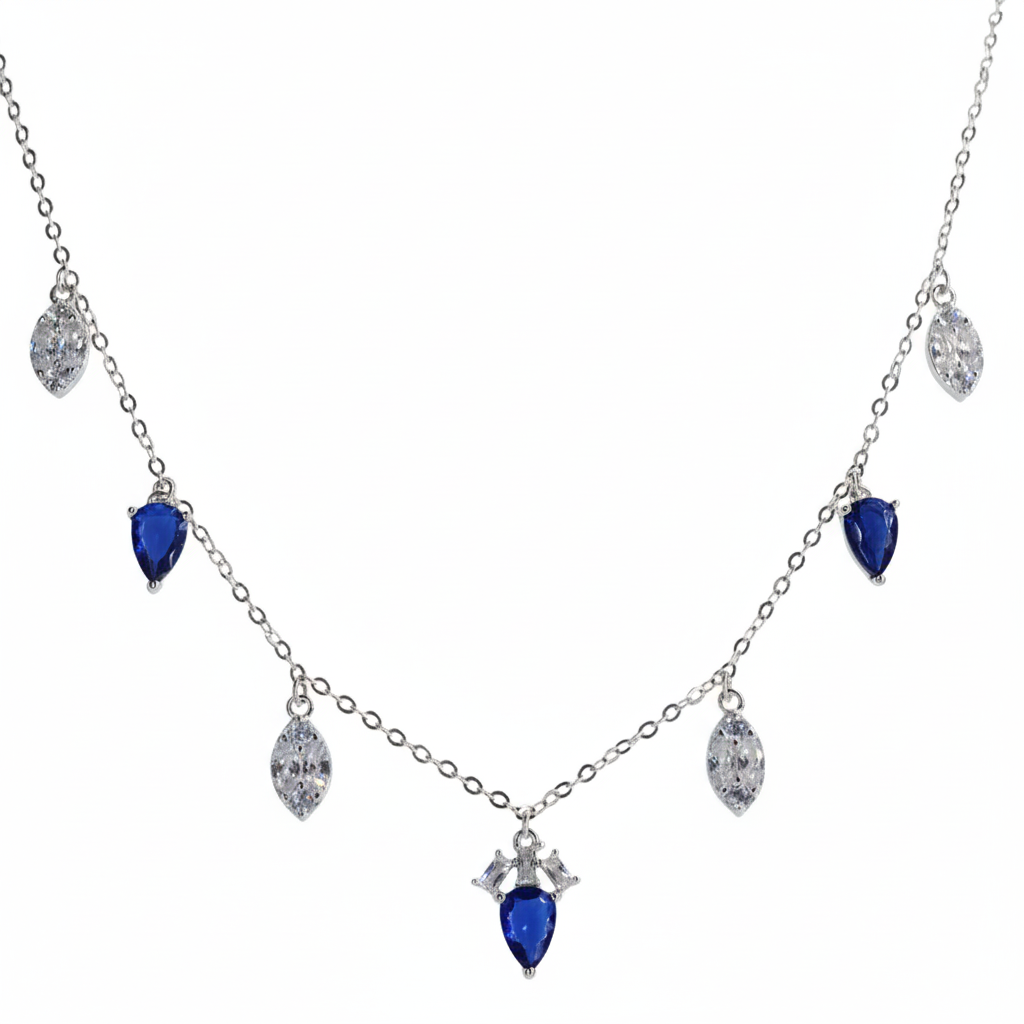 925 silver Necklace with blue teardrop-shaped stones and silver chain on a white background