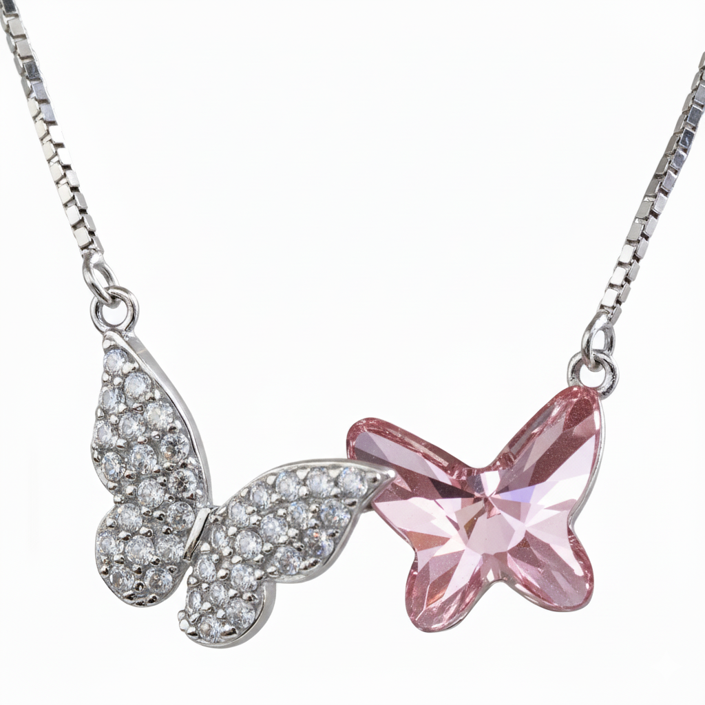 Silver Pink Blazing Butterfly Pendant