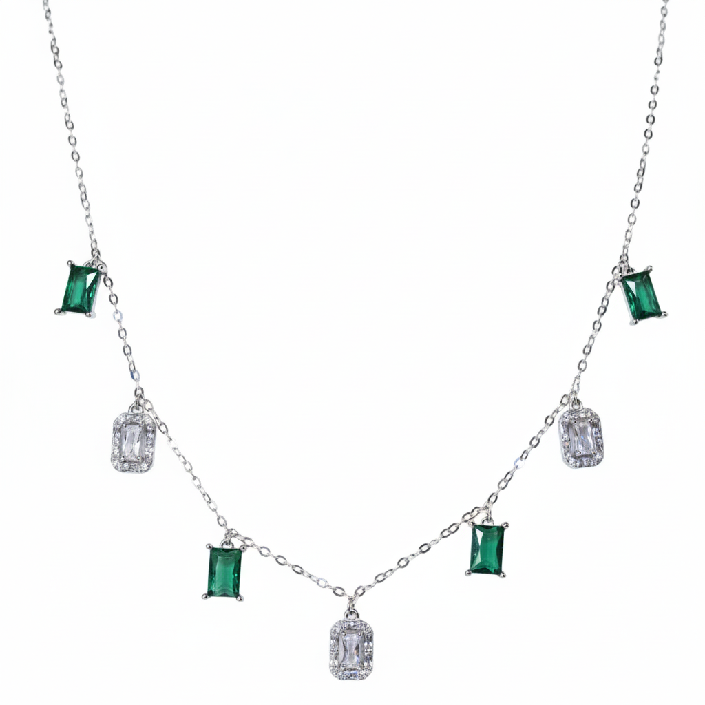 Silver Emerald and Cubic Zirconia Station Dangle Necklace