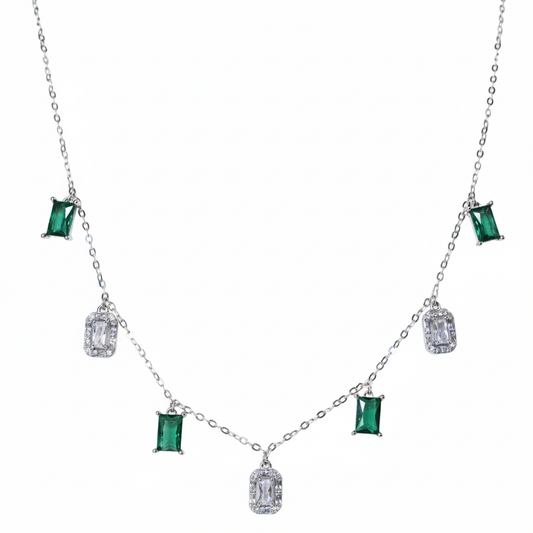 Silver Emerald and Cubic Zirconia Station Dangle Necklace