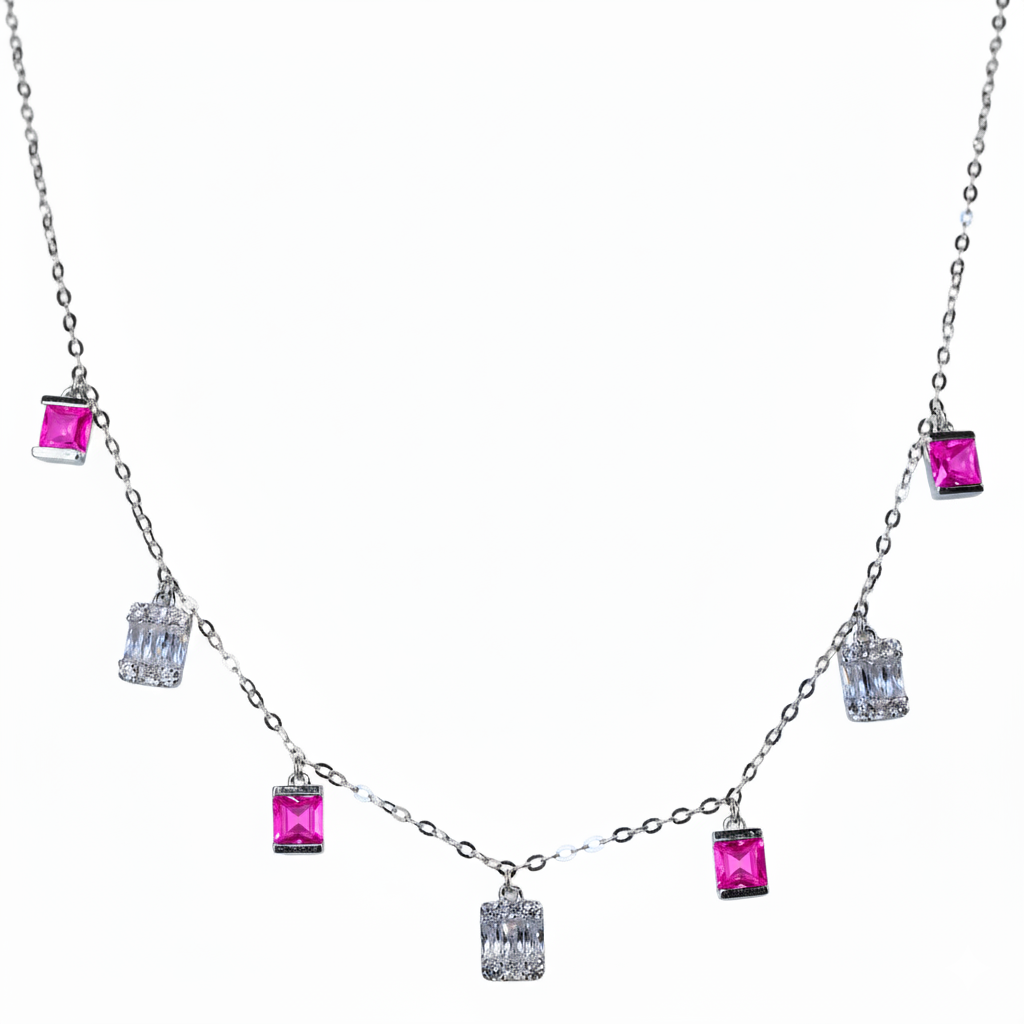 Silver Fuchsia Pink Suspended Necklace