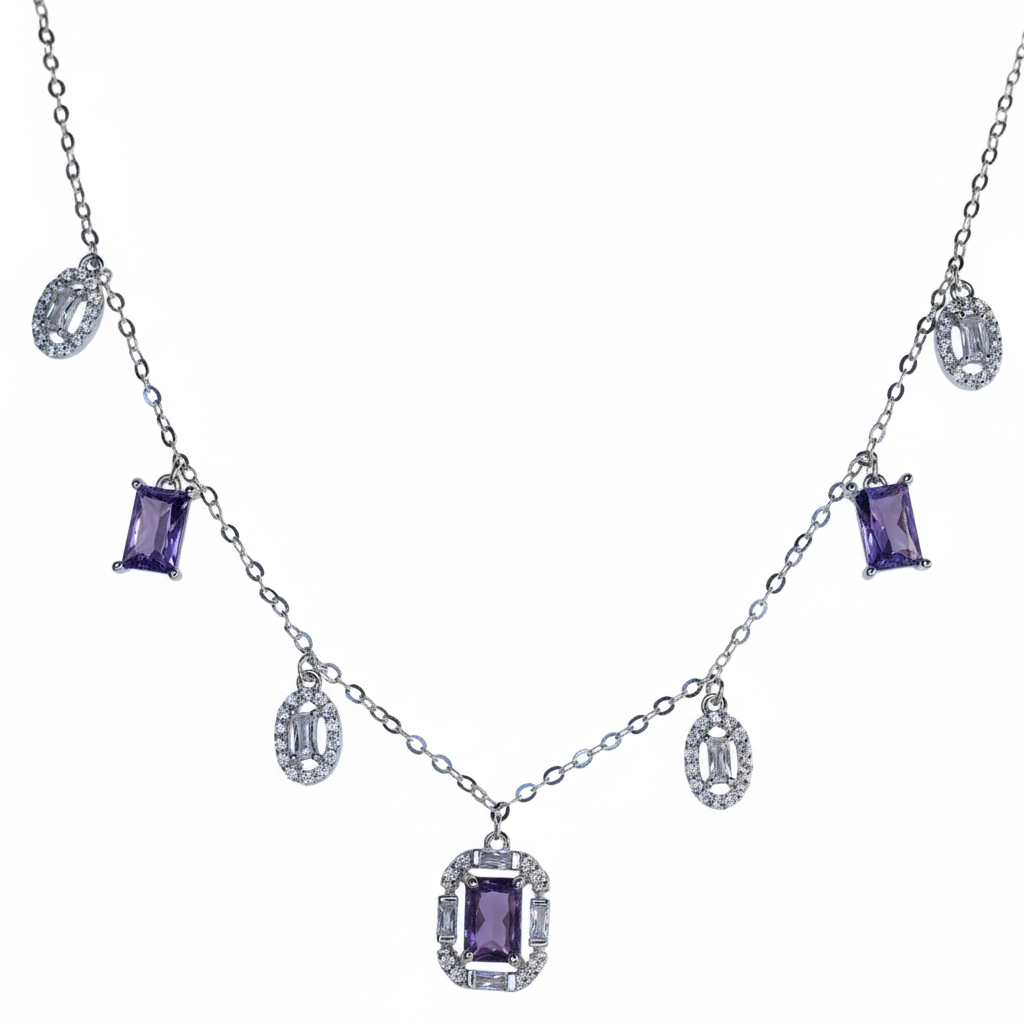 Silver Amethyst Hued Dangle Necklace