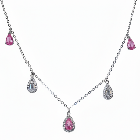 Silver Pink Stone Tear Drop Necklace