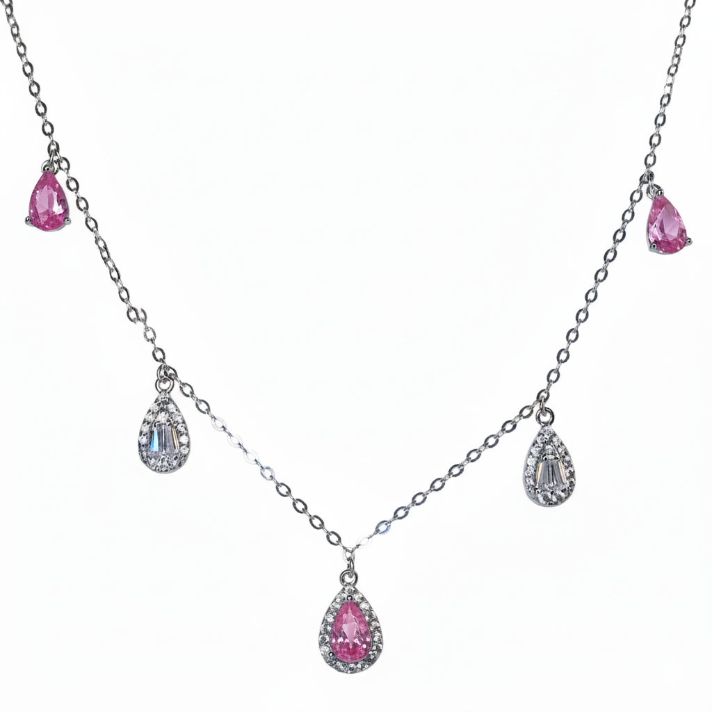 Silver Pink Stone Tear Drop Necklace