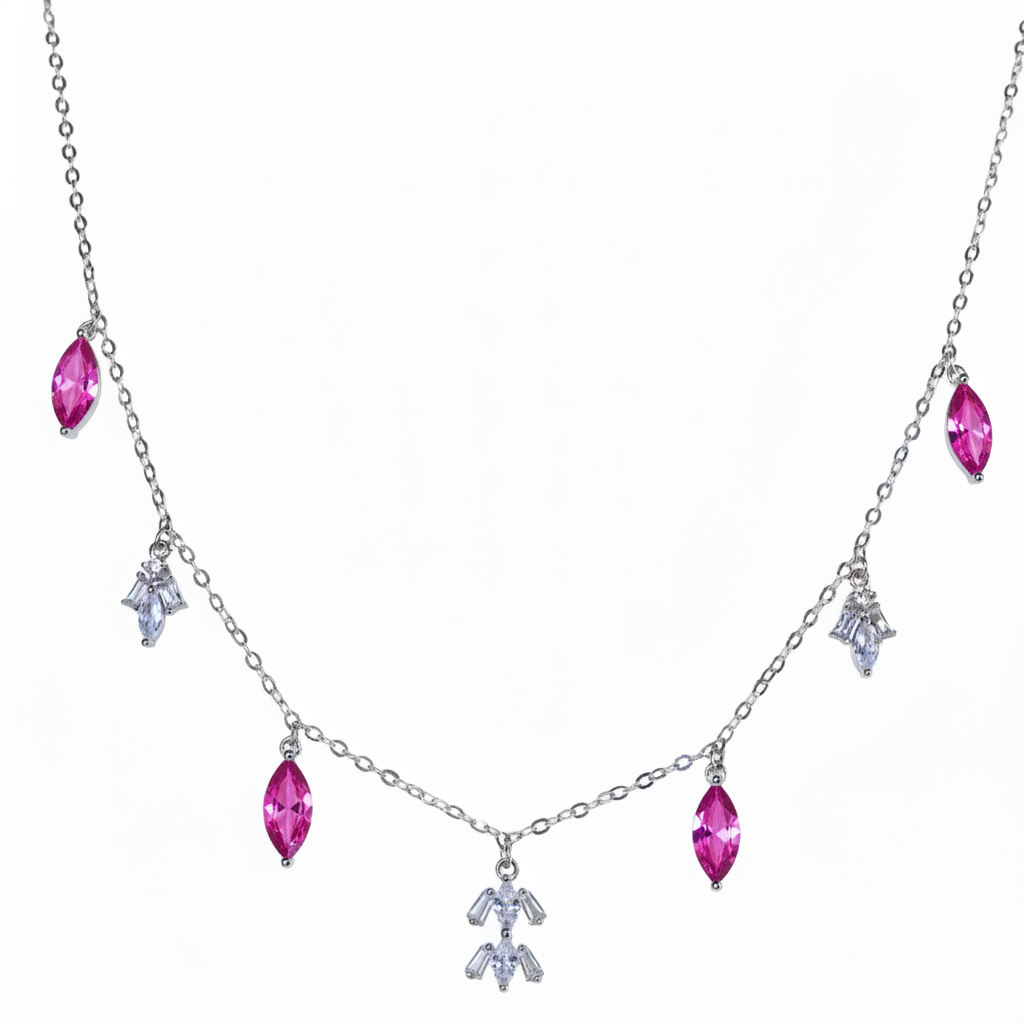 Silver Hot Pink Marquise Dangle Necklace