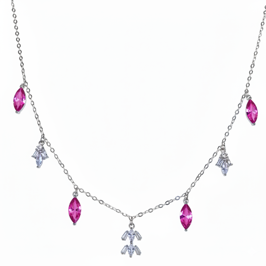 Silver Hot Pink Marquise Dangle Necklace