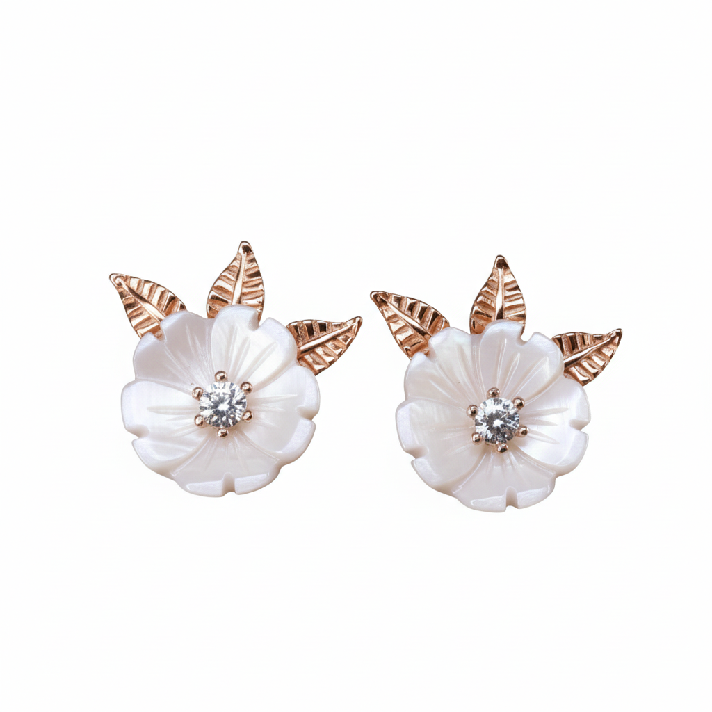 Silver Rose gold MOP Blooming flower leaf Pendant Set