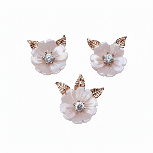 Silver Rose gold MOP Blooming flower leaf Pendant Set