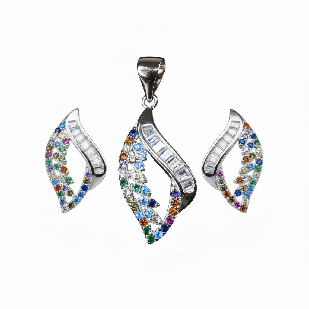 Silver Multicolored Vivid Leaf Pendant Set for her
