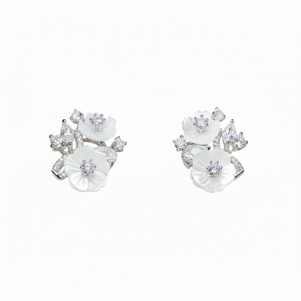 Silver Mother of pearl Bouquet Marquise CZ Pendant Set