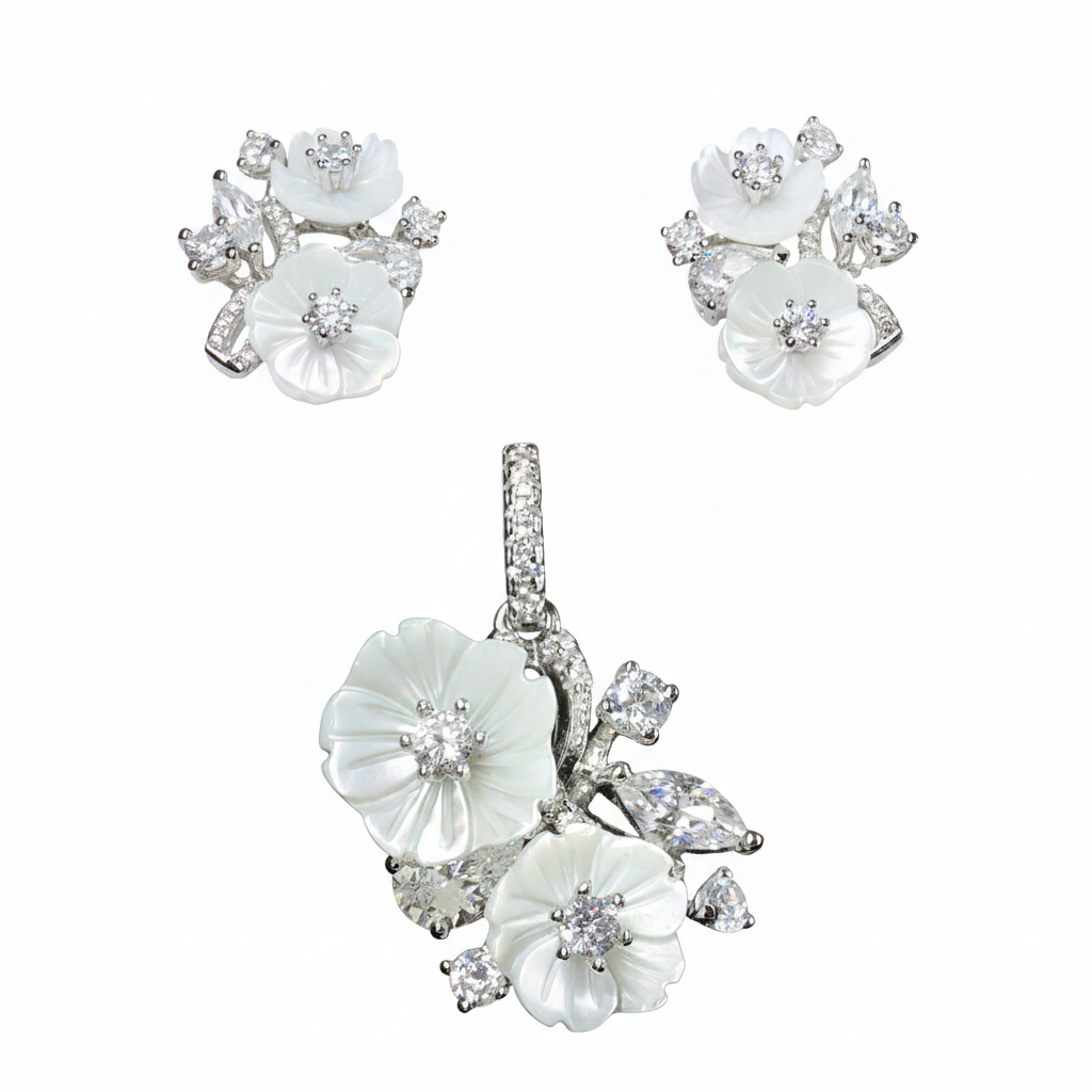 Silver Mother of pearl Bouquet Marquise CZ Pendant Set