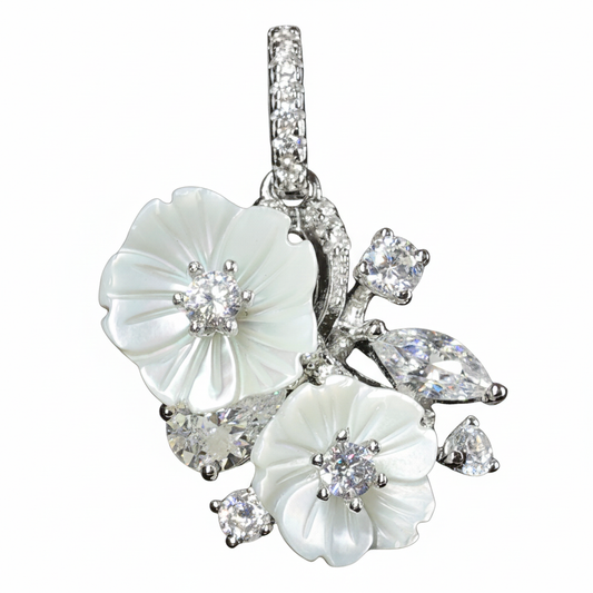 Silver Mother of pearl Bouquet Marquise CZ Pendant Set