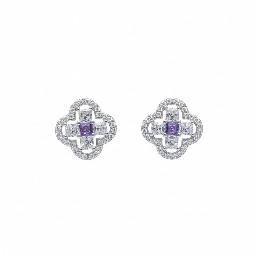 Silver Elegant Design Purple Amethyst Clover Pendant set for her