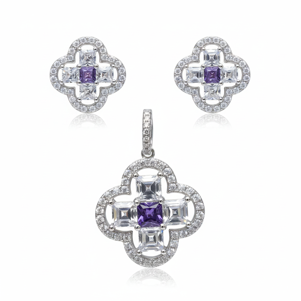 Silver Elegant Design Purple Amethyst Clover Pendant set for her