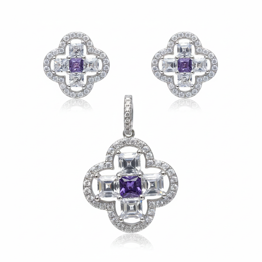 Silver Elegant Design Purple Amethyst Clover Pendant set for her