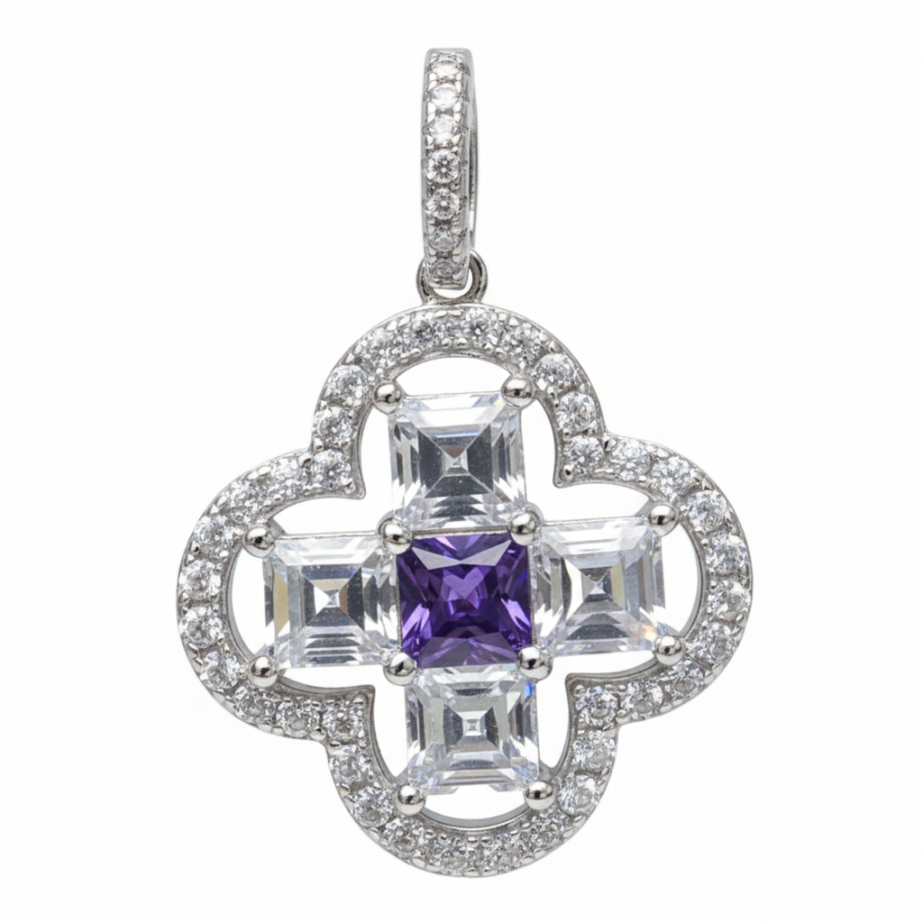 Silver Elegant Design Purple Amethyst Clover Pendant set for her