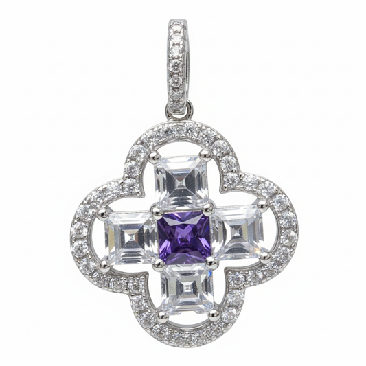 Silver Elegant Design Purple Amethyst Clover Pendant set for her