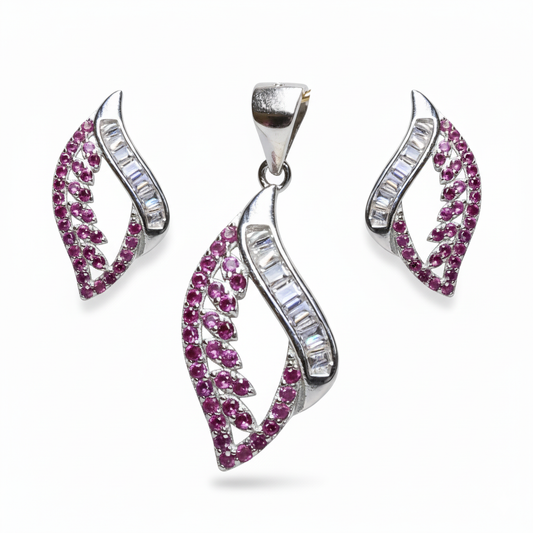 Silver Ruby Leaf Luxury Pendant & Earrings Set for her