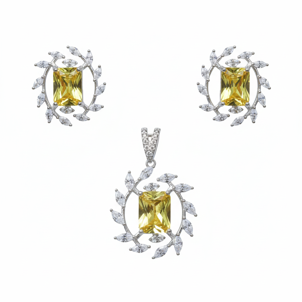 Silver Yellow twilight Marquise stone Pendant set