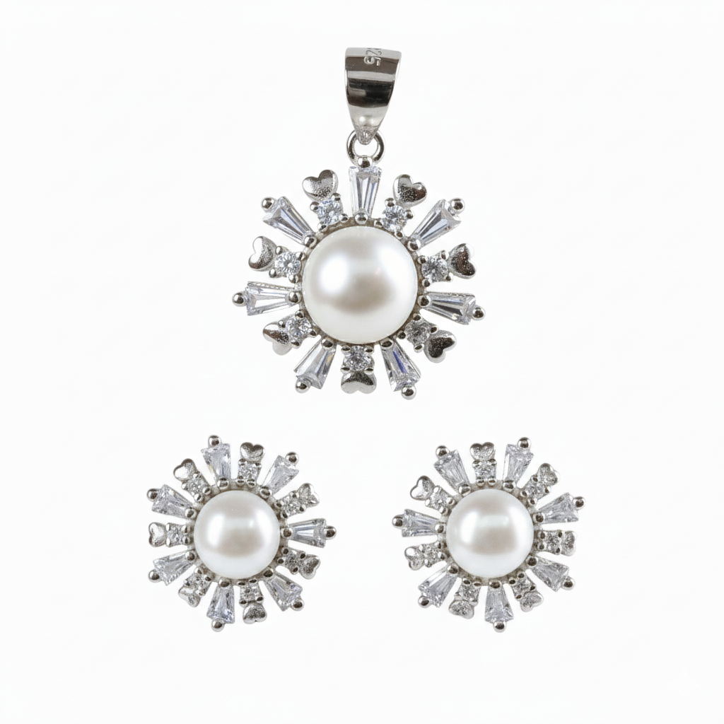 Silver Heart Radiant sunshine Pearl Pendant set