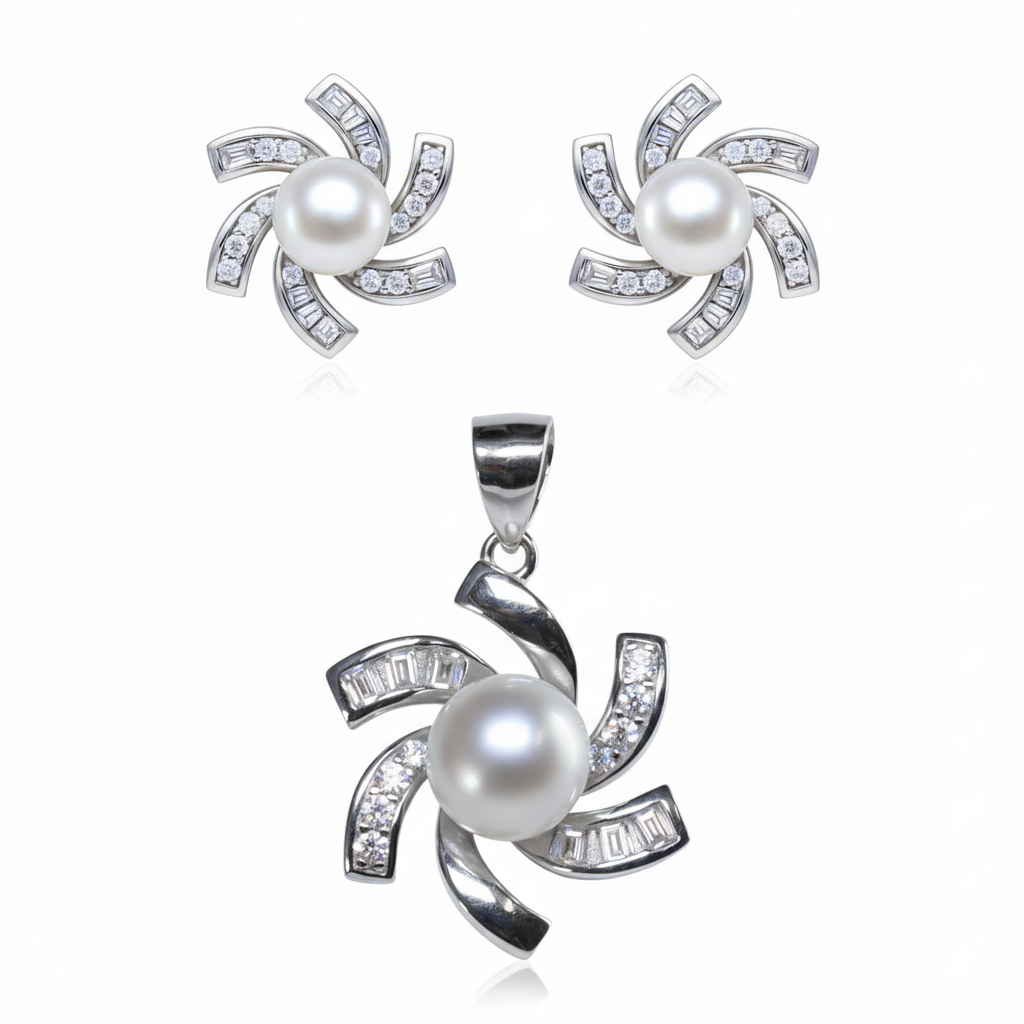 Silver whirlwind of flower pearl Pendant set