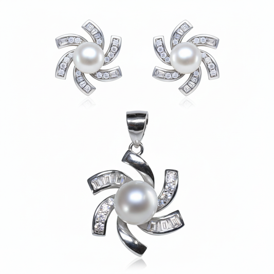 Silver whirlwind of flower pearl Pendant set