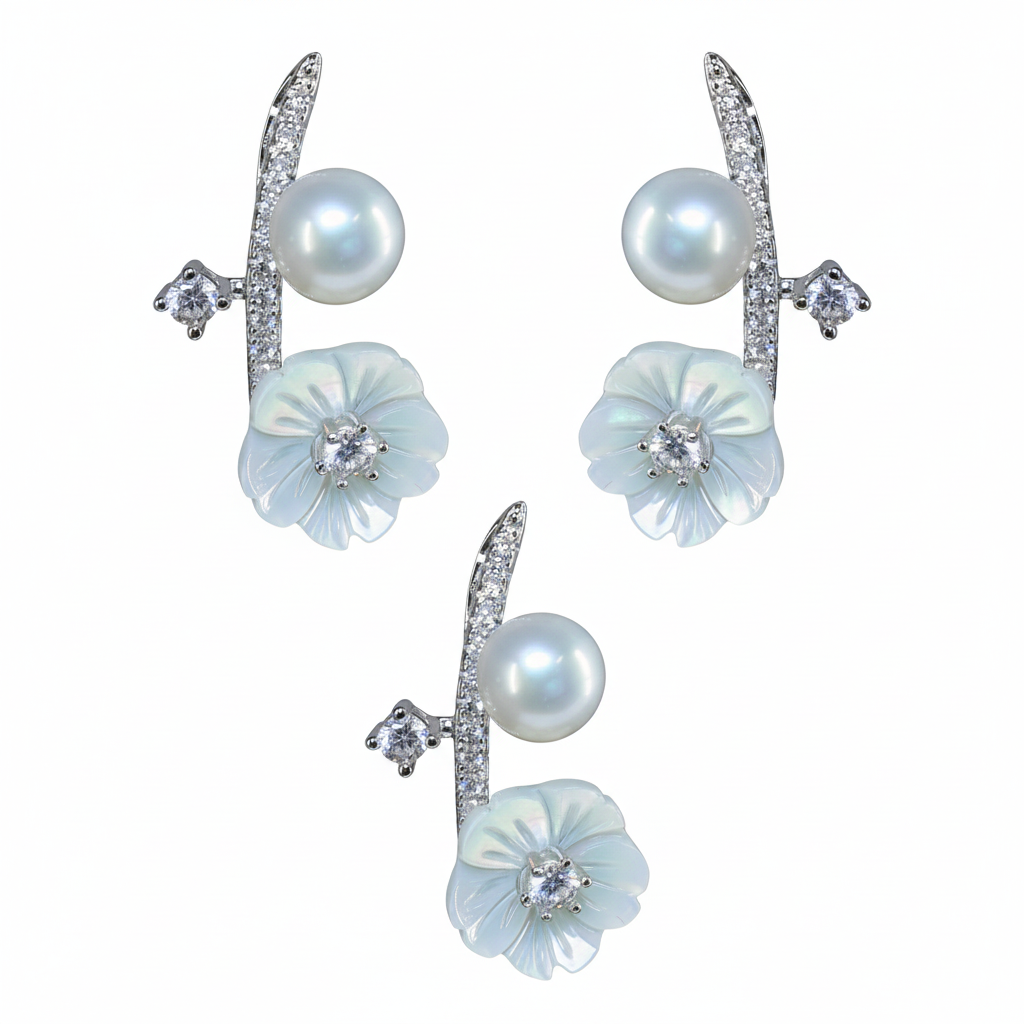 Silver MOP Ethereal Pearl Floral Branch Rich Pendant set