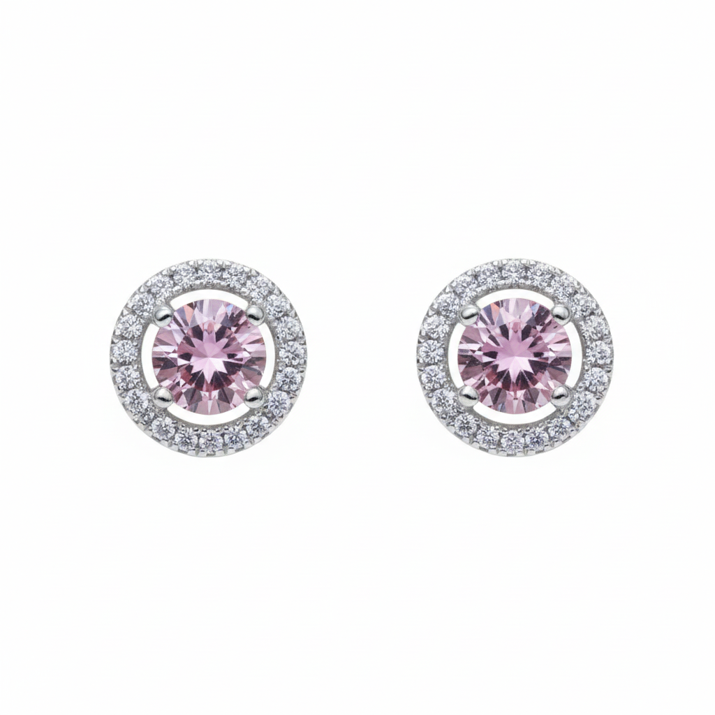 Silver Pink sapphire Round CZ Pendant And stud earrings set