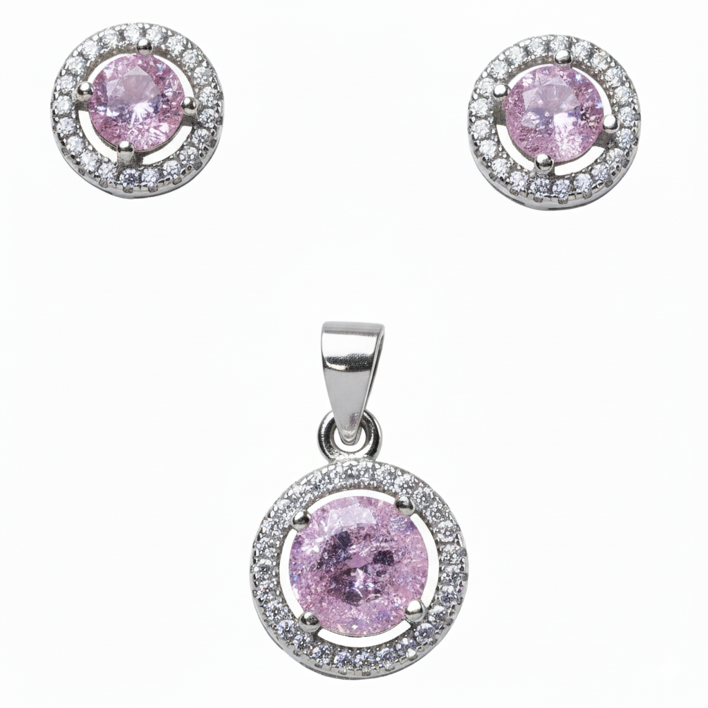 Silver Pink sapphire Round CZ Pendant And stud earrings set