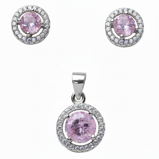 Silver Pink sapphire Round CZ Pendant And stud earrings set