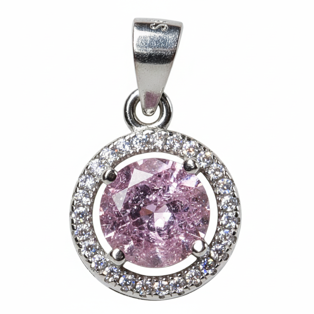 Silver Pink sapphire Round CZ Pendant And stud earrings set