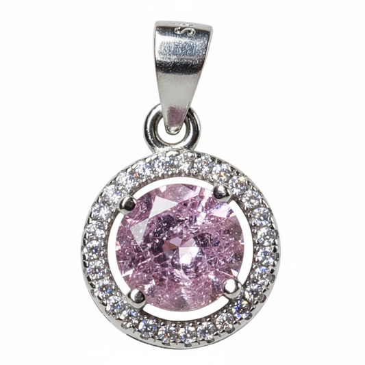 Silver Pink sapphire Round CZ Pendant And stud earrings set