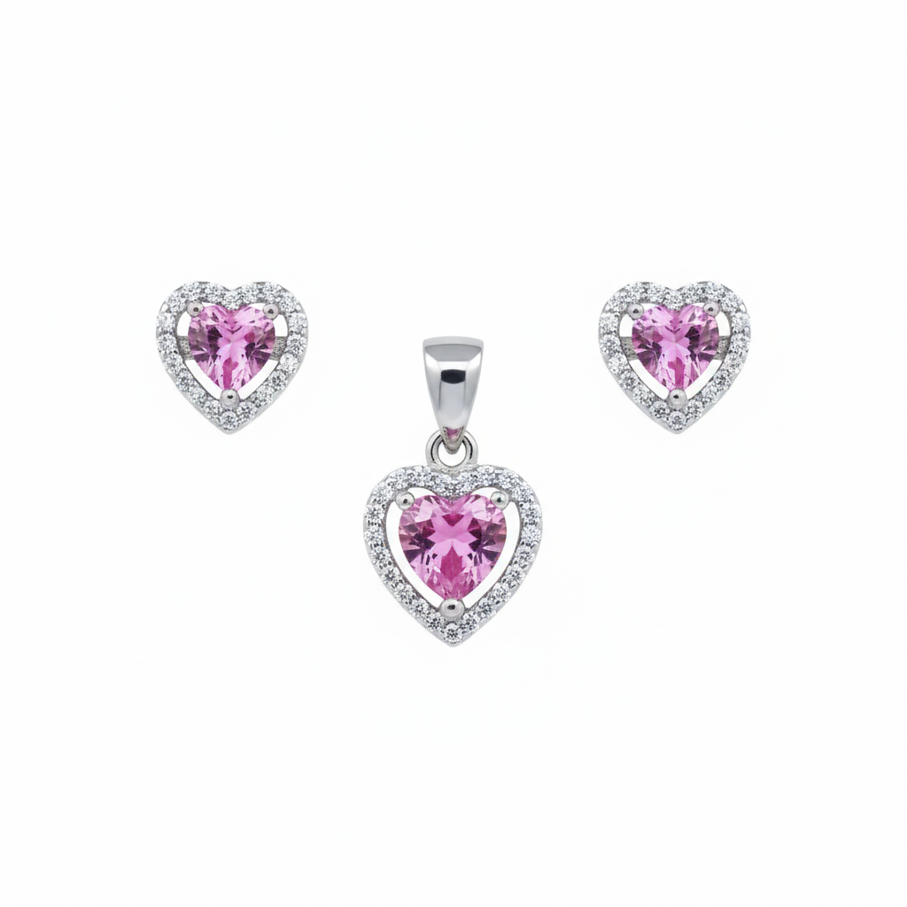 Silver Cute Pink Hearted Pendant Set for her