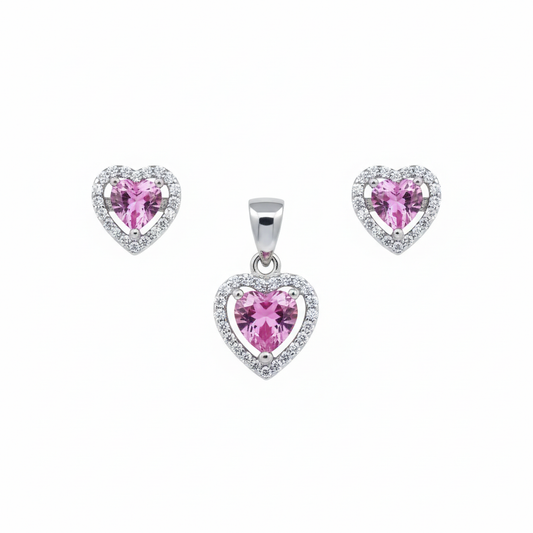 Silver Cute Pink Hearted Pendant Set for her