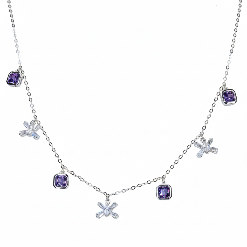 Silver Cluster Square Purple Necklace