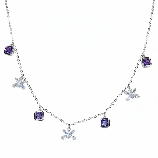 Silver Cluster Square Purple Necklace