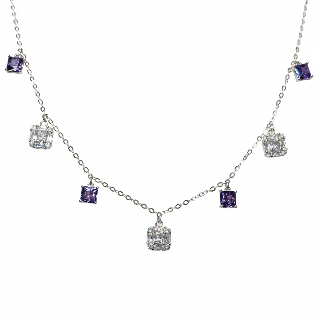Silver Cushion Cut Purple Dangling Necklace